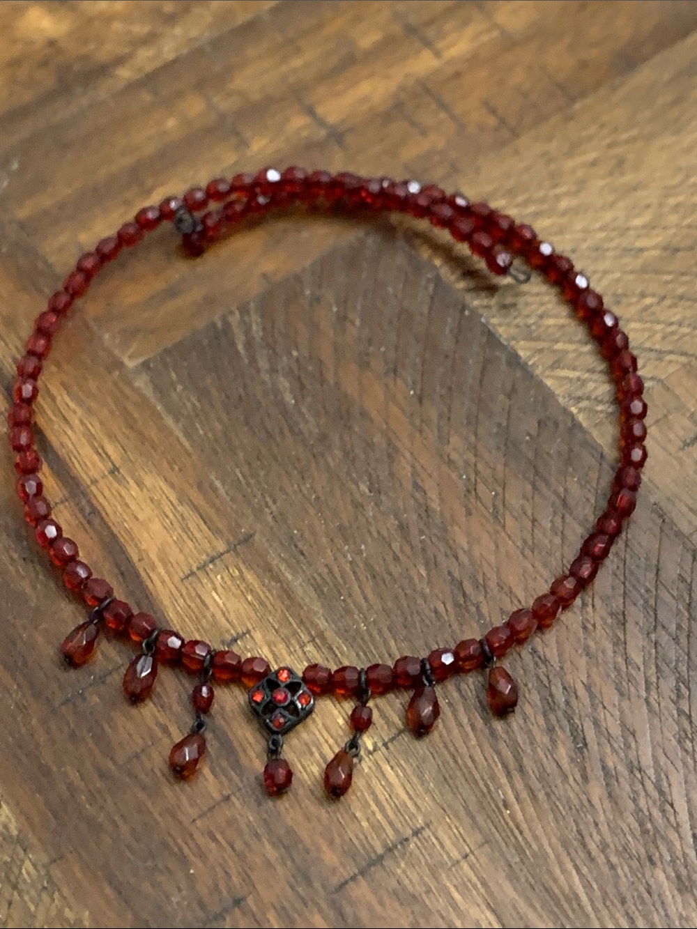 Red Burgundy Beaded Choker Necklace with Garnet-Like Drops